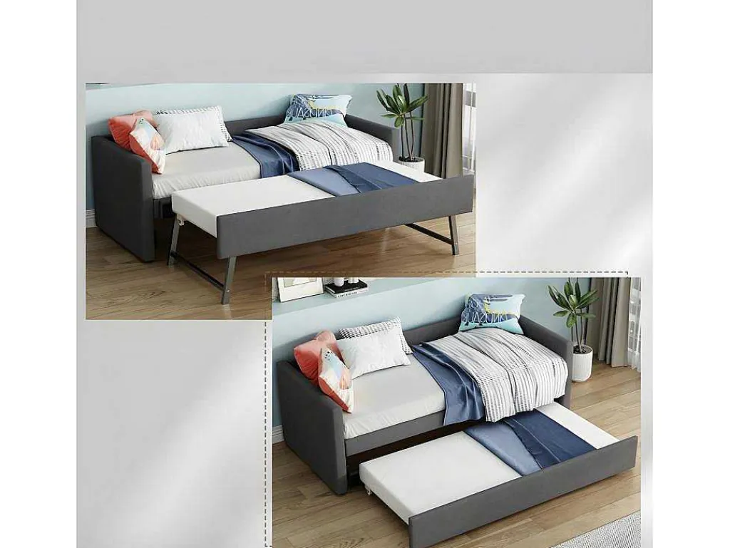 Multifunctioneel Onderschuifbed Met Opklapbed - 90X200 Cm - Linnen Stof - Grijs-ModernLuxe Best