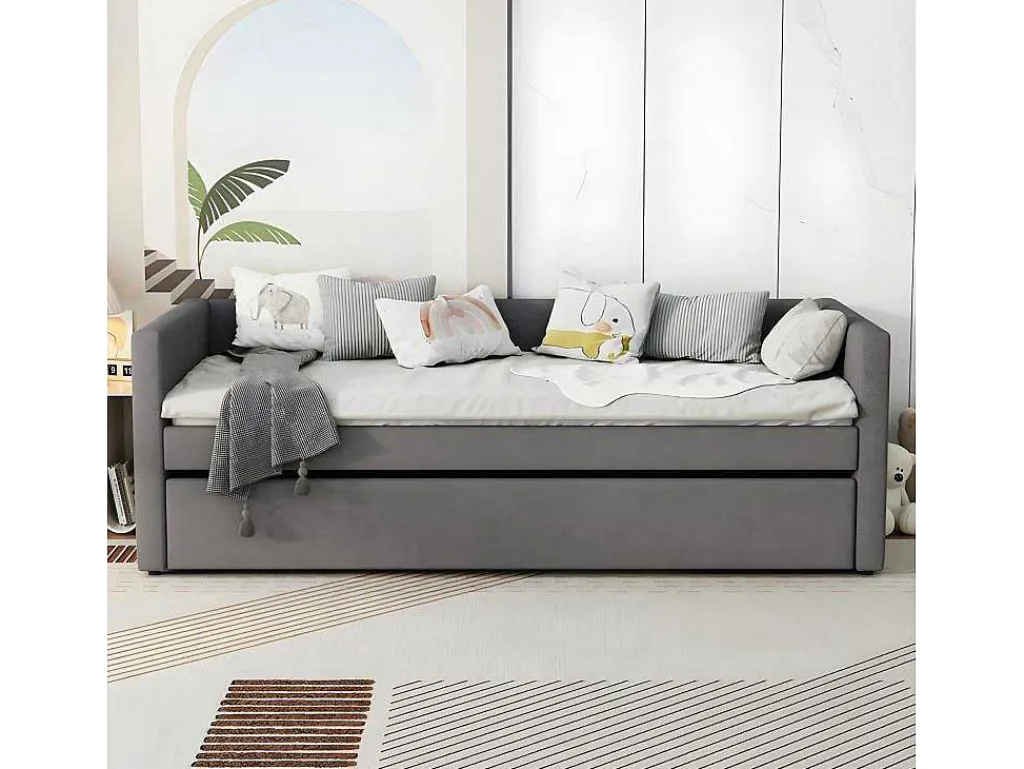 Multifunctioneel Onderschuifbed Met Opklapbed - 90X200 Cm - Linnen Stof - Grijs-ModernLuxe Best