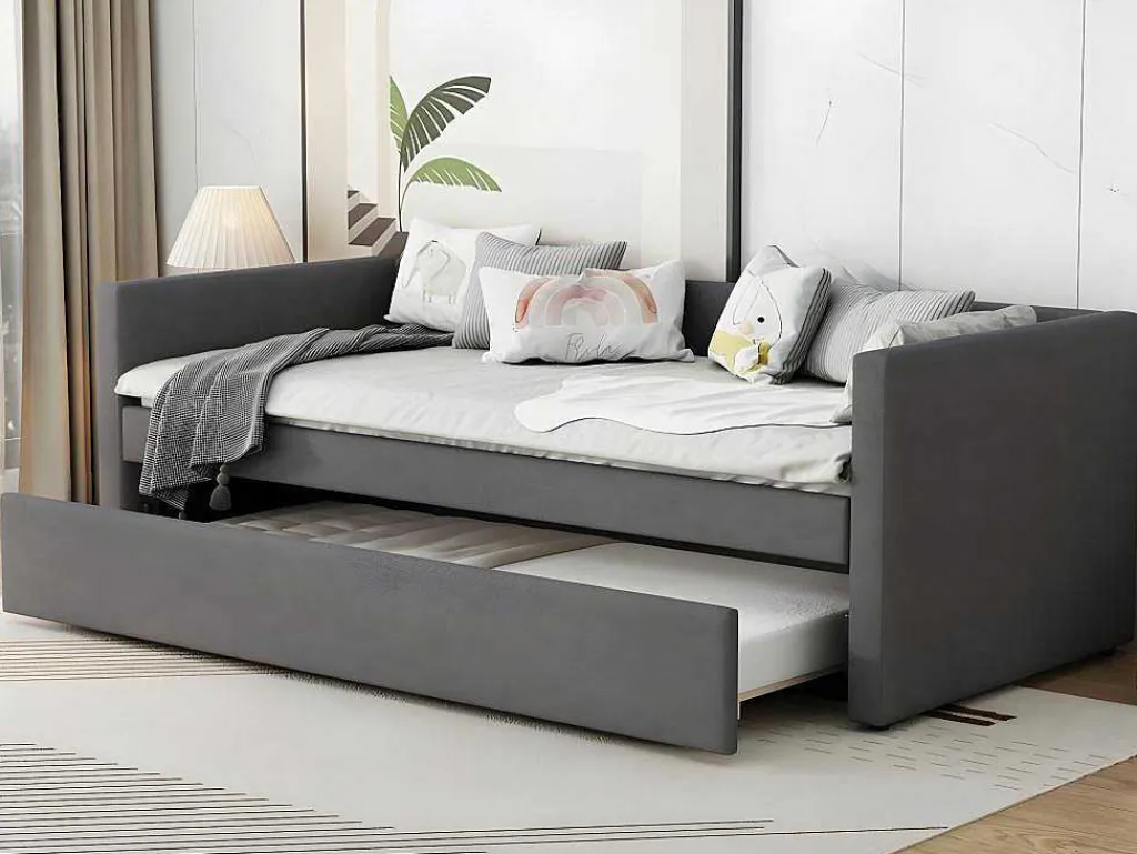Multifunctioneel Onderschuifbed Met Opklapbed - 90X200 Cm - Linnen Stof - Grijs-ModernLuxe Best