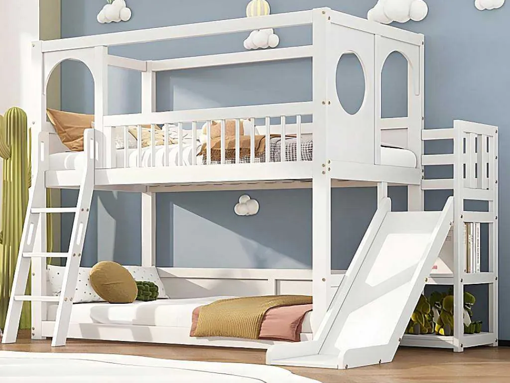 Multifunctioneel Stapelbed Voor Kinderen - Met Ladder En Glijbaan - 2X90X200Cm - Massief Hout - Wit-ModernLuxe Outlet