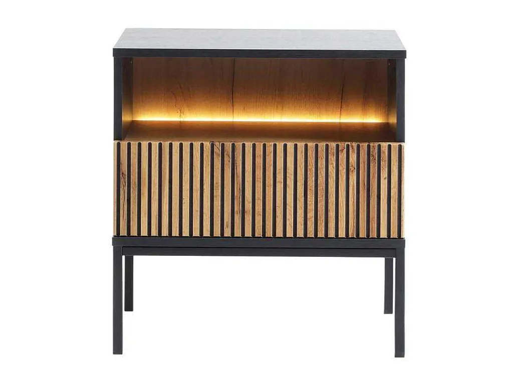 Nachtkastje 1 Lade En 1 Nis - Met Ledverlichting - Zwart En Naturel - Ovila-Vente-unique Clearance
