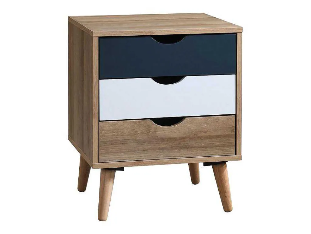 Nachtkastje Met 3 Lades - Kleur: Naturel, Wit En Marineblauw - Lurvia-Vente-unique Discount