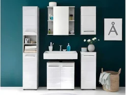 Nanobad Kolomkast Hoog 2 Deuren, 2 Open Vakken Betonsteen Decor, Wit Hoogglans.-Trendteam Hot