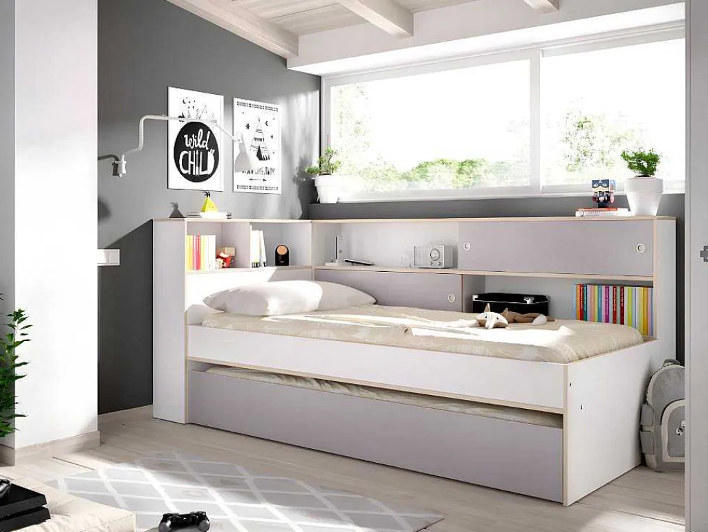 Nestbed Met Opbergruimte - 90 X 200 En 90 X 190 Cm - Wit En Grijs + Bedbodem - Losiana-Vente-unique Discount