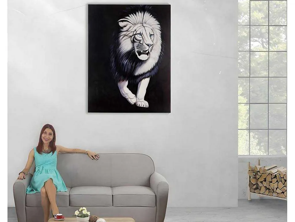 Olieverfschilderij Witte Leeuw Handgeschilderd-Vente-unique Outlet