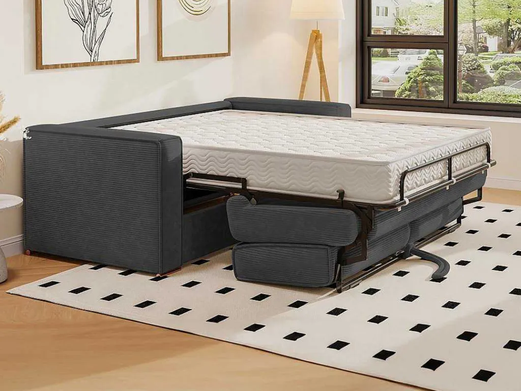 Omkeerbare Driezits-Express-Slaapbank Van Antracietkleurig Ribfluweel - Bed 140 Cm - Matras 22 Cm Loreto-Vente-unique Best