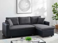 Omkeerbare Hoekbedbank Van Stof En Kunstleer Gazur - Antraciet En Zwart-Vente-unique Discount
