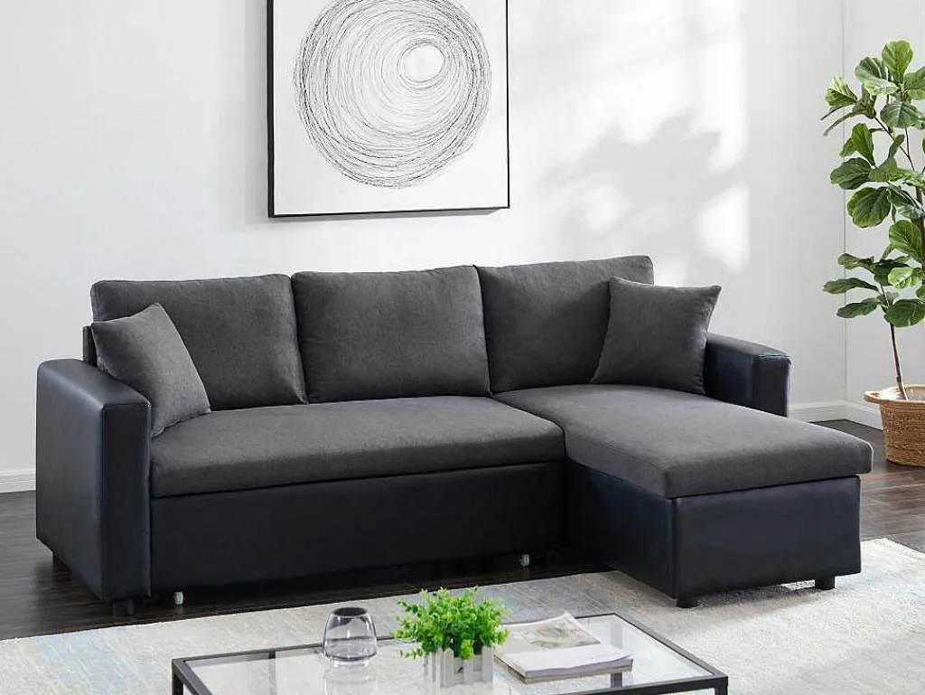 Omkeerbare Hoekbedbank Van Stof En Kunstleer Gazur - Antraciet En Zwart-Vente-unique Discount
