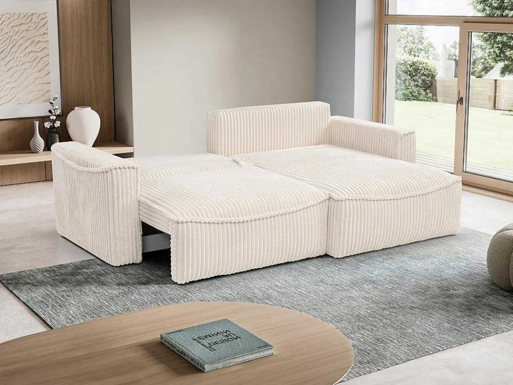 Omkeerbare Hoekslaapbank Van Beige Ribfluweel Met Brede Ribbels Asturio-Vente-unique