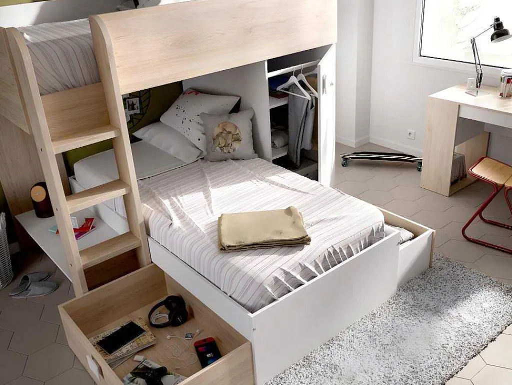 Omkeerbare Hoekstapelbed Ricardo - 2 X 90X190Cm - Opbergruimte - Grijs En Wit + Matras-Vente-unique New