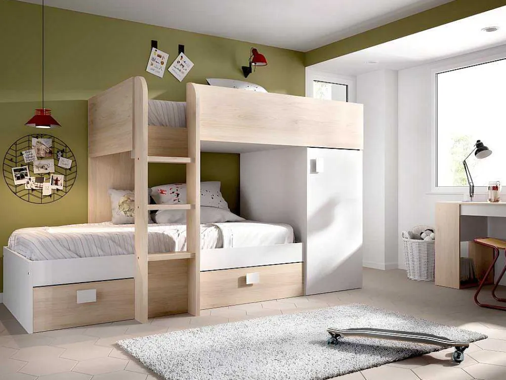 Omkeerbare Hoekstapelbed Ricardo - 2 X 90X190Cm - Opbergruimte - Eiken En Wit-Vente-unique New