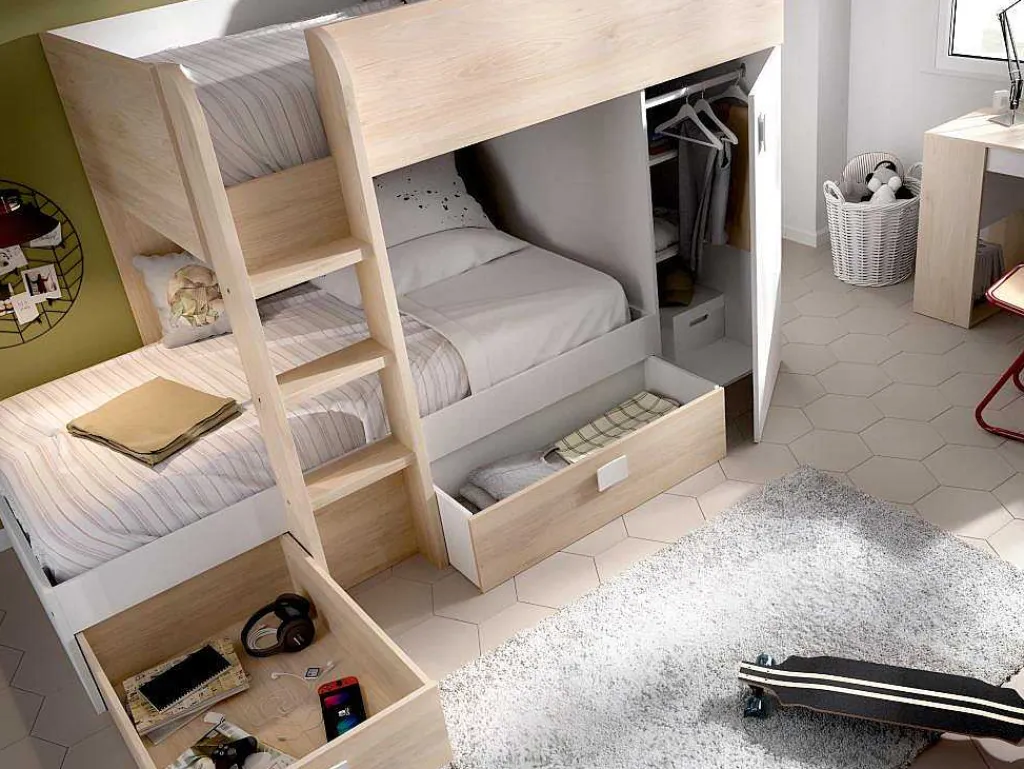 Omkeerbare Hoekstapelbed Ricardo - 2 X 90X190Cm - Opbergruimte - Eiken En Wit-Vente-unique New