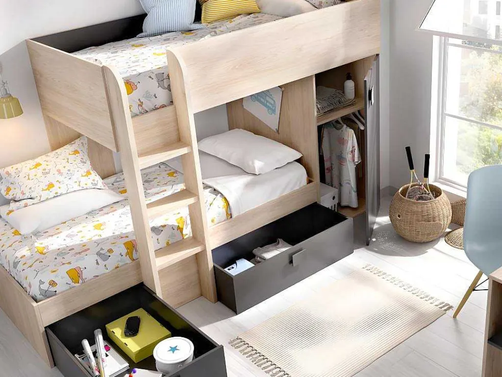 Omkeerbare Hoekstapelbed Ricardo - 2 X 90X190Cm - Opbergruimte - Grijs En Antraciet-Vente-unique Outlet