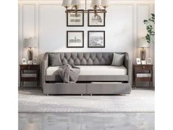 Onderschuifbed, Linnen Slaapbank 90X200Cm Met 2 Lades En Lattenbodem En - Grijs-ModernLuxe Discount
