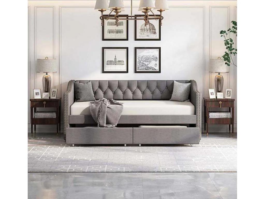 Onderschuifbed, Linnen Slaapbank 90X200Cm Met 2 Lades En Lattenbodem En - Grijs-ModernLuxe Discount