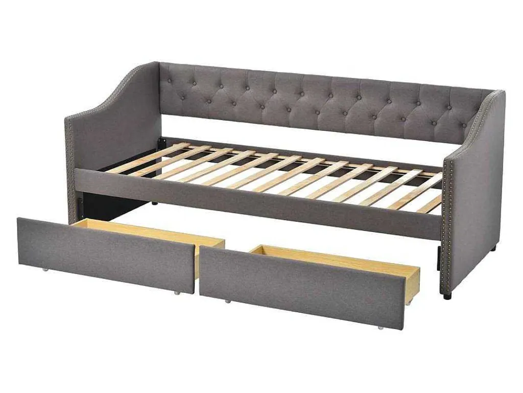 Onderschuifbed, Linnen Slaapbank 90X200Cm Met 2 Lades En Lattenbodem En - Grijs-ModernLuxe Discount