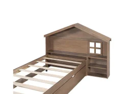 Onderschuifbed Voor Kinderen - 90X200Cm - Hoofdeinde In Huisvorm - Massief Hout - Bruin-ModernLuxe Clearance