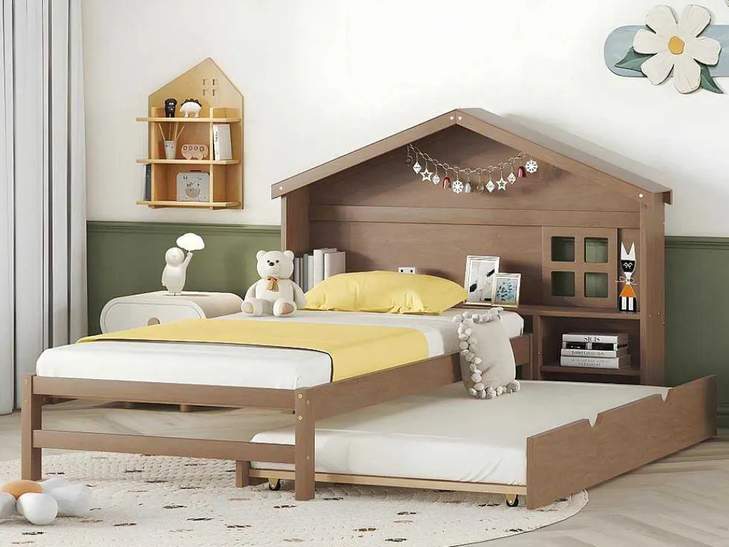 Onderschuifbed Voor Kinderen - 90X200Cm - Hoofdeinde In Huisvorm - Massief Hout - Bruin-ModernLuxe Clearance