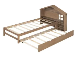 Onderschuifbed Voor Kinderen - 90X200Cm - Hoofdeinde In Huisvorm - Massief Hout - Bruin-ModernLuxe Clearance