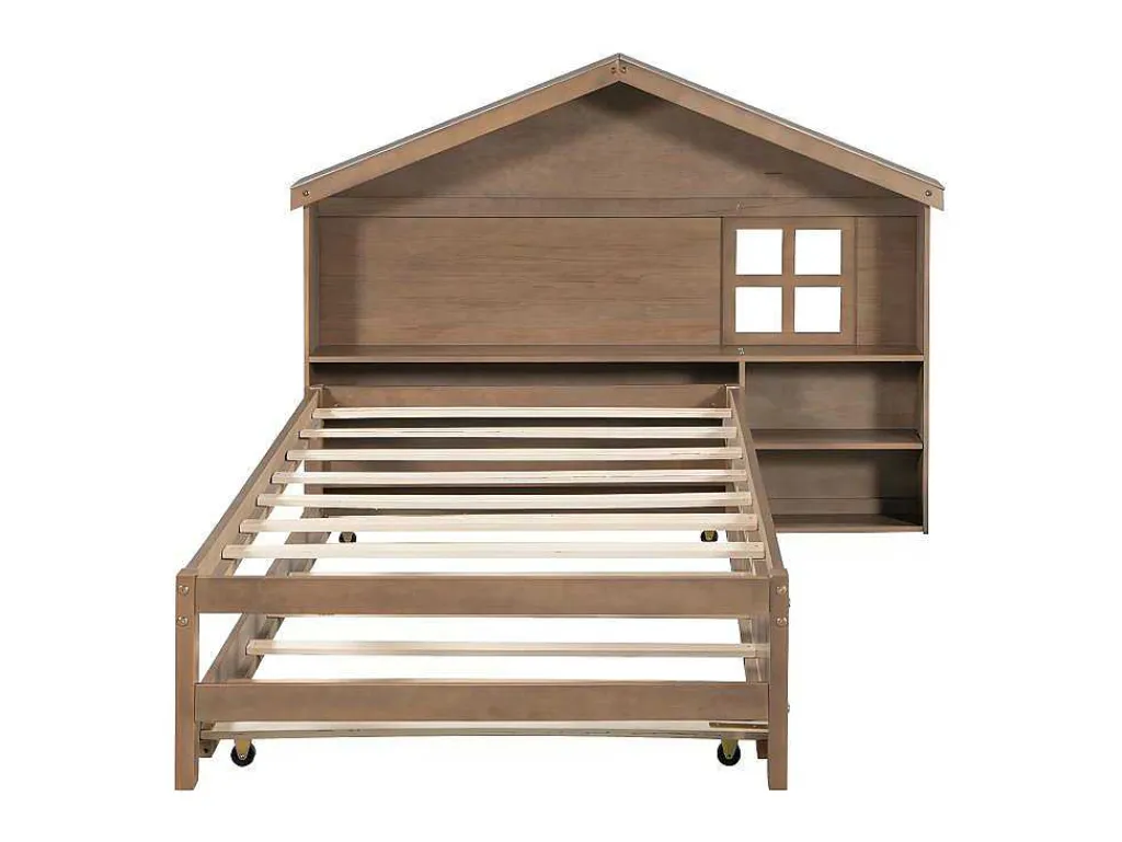 Onderschuifbed Voor Kinderen - 90X200Cm - Hoofdeinde In Huisvorm - Massief Hout - Bruin-ModernLuxe Clearance