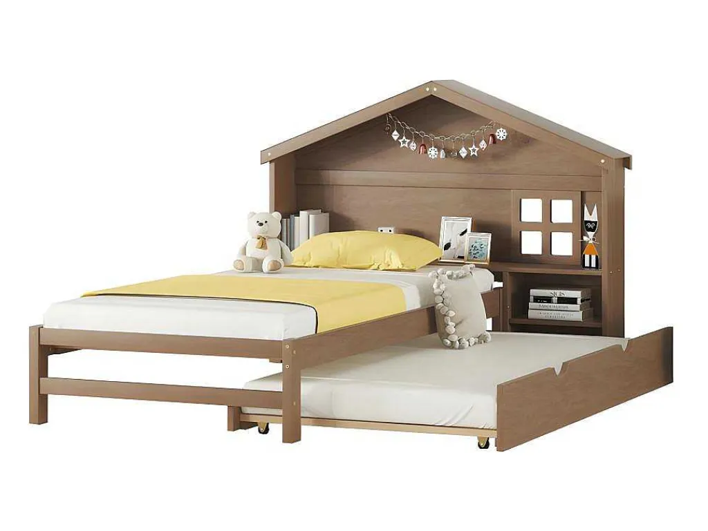 Onderschuifbed Voor Kinderen - 90X200Cm - Hoofdeinde In Huisvorm - Massief Hout - Bruin-ModernLuxe Clearance