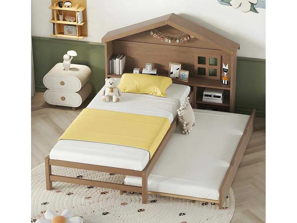 Onderschuifbed Voor Kinderen - 90X200Cm - Hoofdeinde In Huisvorm - Massief Hout - Bruin-ModernLuxe Clearance