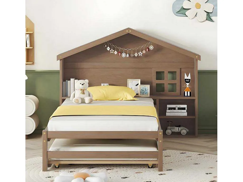 Onderschuifbed Voor Kinderen - 90X200Cm - Hoofdeinde In Huisvorm - Massief Hout - Bruin-ModernLuxe Clearance