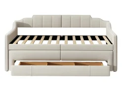 Onderschuifbed 90X200Cm + 90X190Cm - Gestoffeerde Slaapbank Met Lades - Katoenlinnenstof - Beige-ModernLuxe Best