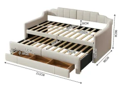 Onderschuifbed 90X200Cm + 90X190Cm - Gestoffeerde Slaapbank Met Lades - Katoenlinnenstof - Beige-ModernLuxe Best