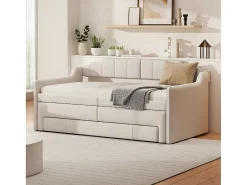 Onderschuifbed 90X200Cm + 90X190Cm - Gestoffeerde Slaapbank Met Lades - Katoenlinnenstof - Beige-ModernLuxe Best