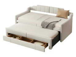 Onderschuifbed 90X200Cm + 90X190Cm - Gestoffeerde Slaapbank Met Lades - Katoenlinnenstof - Beige-ModernLuxe Best