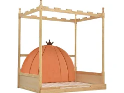 Onderschuifbed 140X200Cm In Massief Grenen - Fluwelen Hoofdeinde - Oranje & Wit-ModernLuxe Best