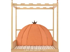 Onderschuifbed 140X200Cm In Massief Grenen - Fluwelen Hoofdeinde - Oranje & Wit-ModernLuxe Best