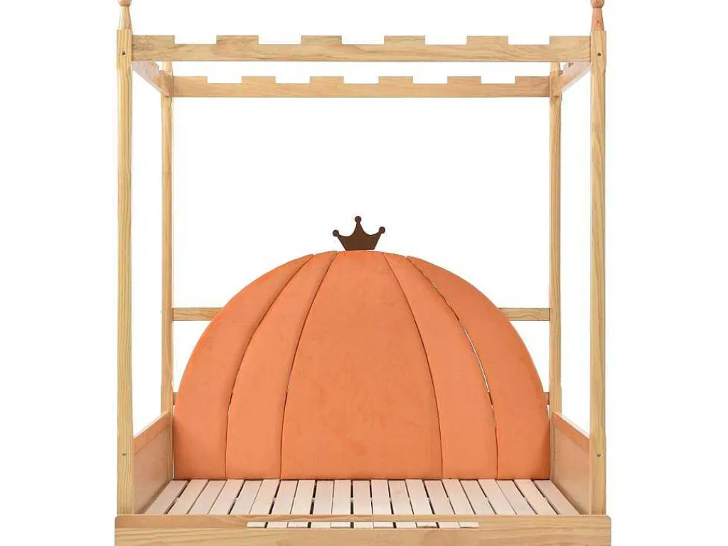 Onderschuifbed 140X200Cm In Massief Grenen - Fluwelen Hoofdeinde - Oranje & Wit-ModernLuxe Best