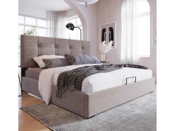 Opbergbed 140X200Cm - Stof Fluweel - Met Verstelbaar Hoofdeinde + Lattenbodem - Grijs-ModernLuxe Best