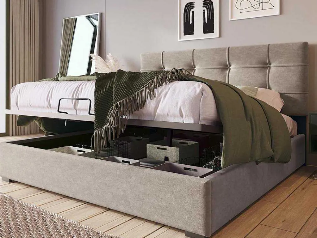 Opbergbed 140X200Cm - Stof Fluweel - Met Verstelbaar Hoofdeinde + Lattenbodem - Grijs-ModernLuxe Best
