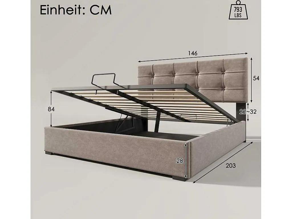Opbergbed 140X200Cm - Stof Fluweel - Met Verstelbaar Hoofdeinde + Lattenbodem - Grijs-ModernLuxe Best