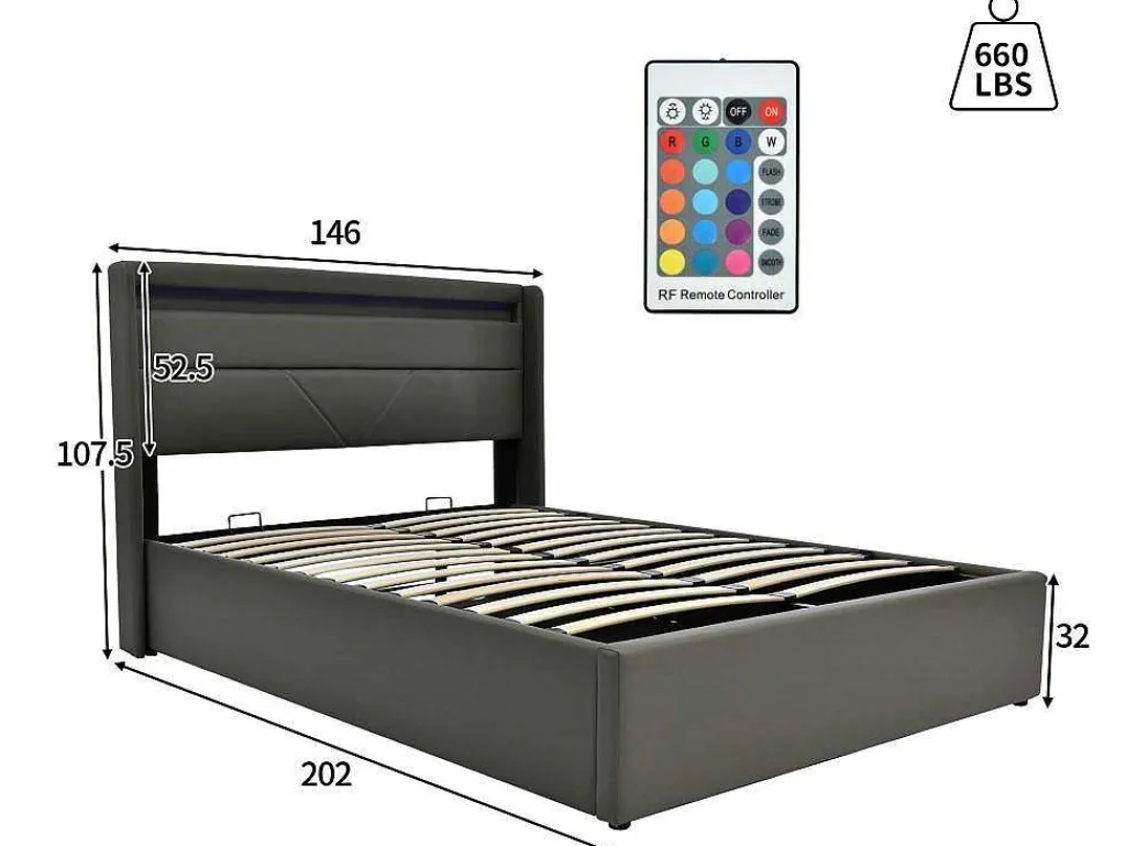 Opbergbed 140X200Cm In Kunstleer Met Led + Lattenbodem - Grijs-ModernLuxe Best
