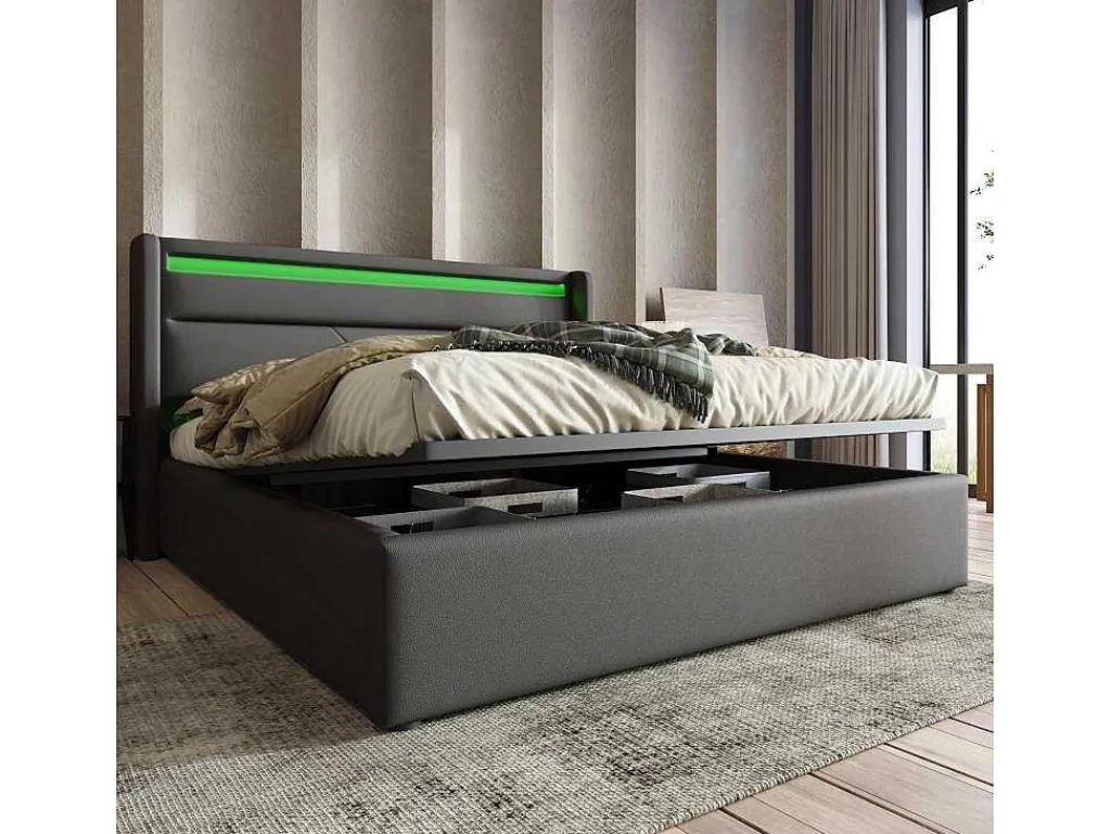 Opbergbed 140X200Cm In Kunstleer Met Led + Lattenbodem - Grijs-ModernLuxe Best