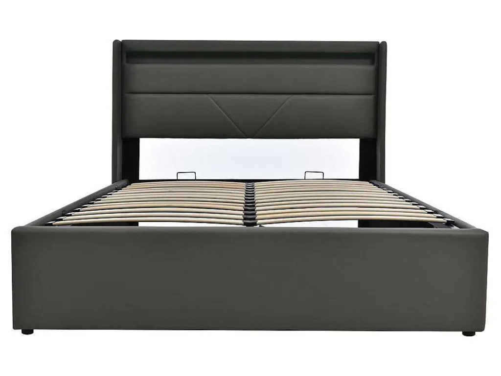 Opbergbed 140X200Cm In Kunstleer Met Led + Lattenbodem - Grijs-ModernLuxe Best