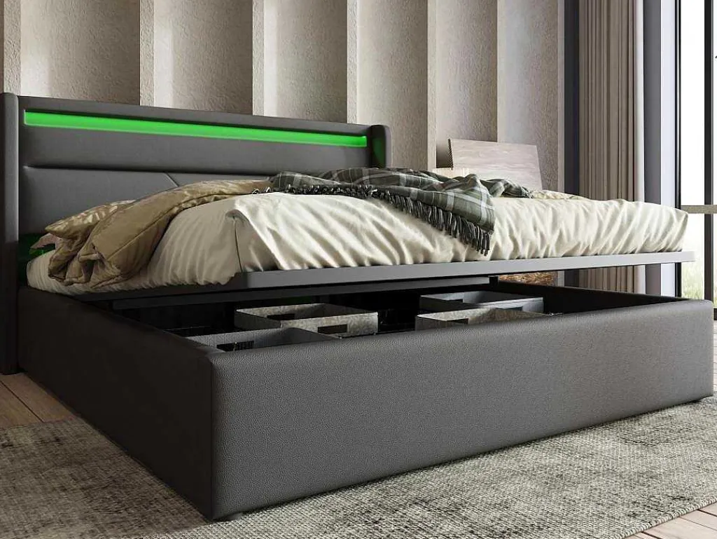 Opbergbed 140X200Cm In Kunstleer Met Led + Lattenbodem - Grijs-ModernLuxe Best