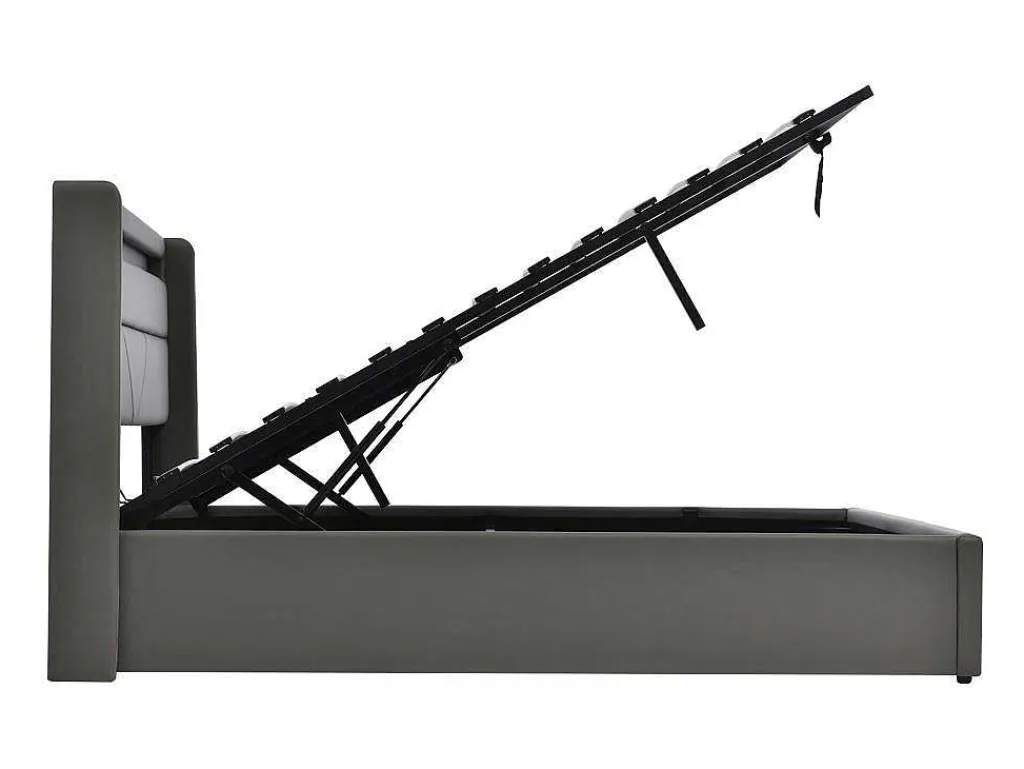 Opbergbed 140X200Cm In Kunstleer Met Led + Lattenbodem - Grijs-ModernLuxe Best