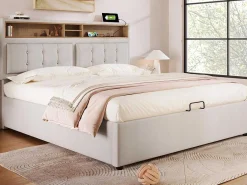 Opbergbed 160X200Cm In Linnenstof Met Usb-Poort - Verstelbaar Hoofdeinde En Lattenbodem - Beige-ModernLuxe Online