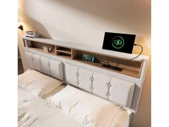 Opbergbed 160X200Cm In Linnenstof Met Usb-Poort - Verstelbaar Hoofdeinde En Lattenbodem - Beige-ModernLuxe Online