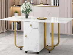 Opklapbare Eettafel Op Wielen - Met Opbergruimte - Wit & Goud-ModernLuxe Hot