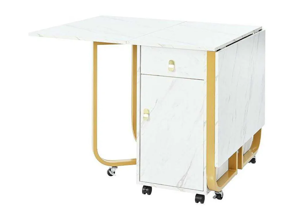 Opklapbare Eettafel Op Wielen - Met Opbergruimte - Wit & Goud-ModernLuxe Hot
