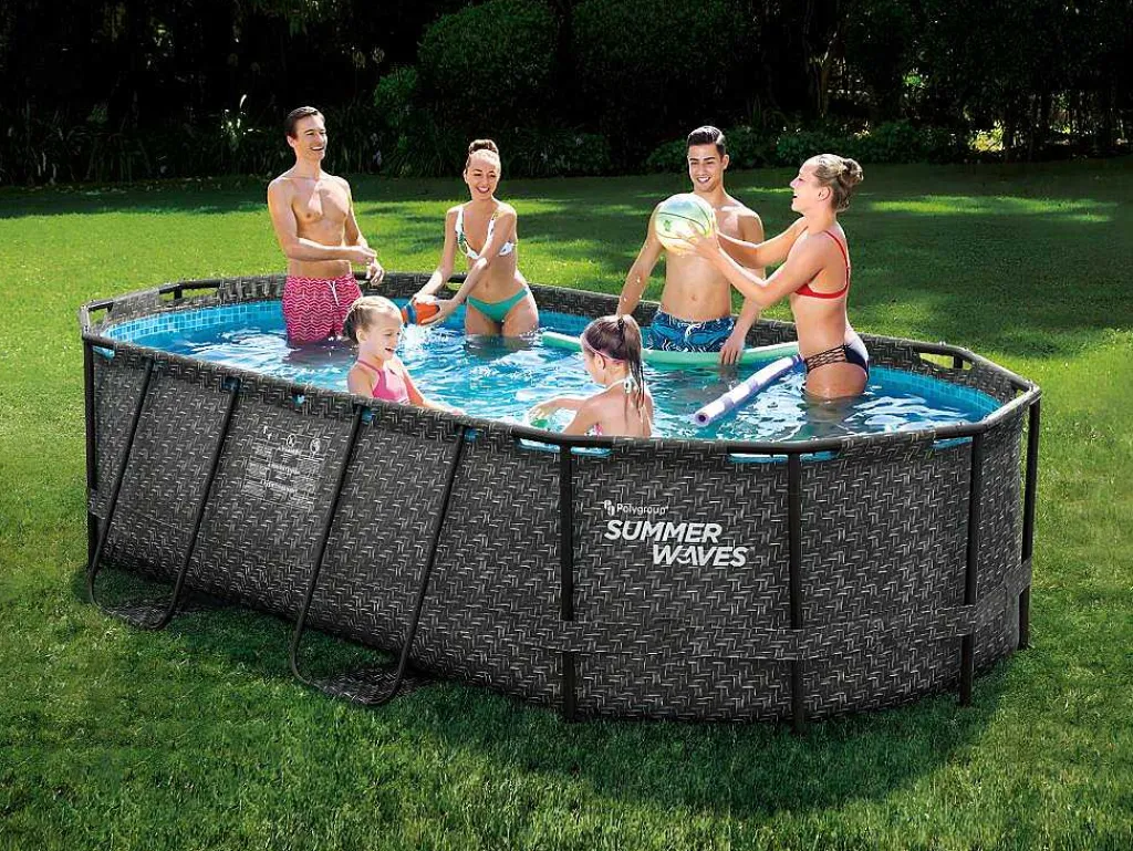 Ovaal Donkergrijs Buizenzwembad Met Visgraatmotief En Filterpomp Met Patroon - L424 X D250 X H100 Cm - Salamanque-Vente-unique Discount