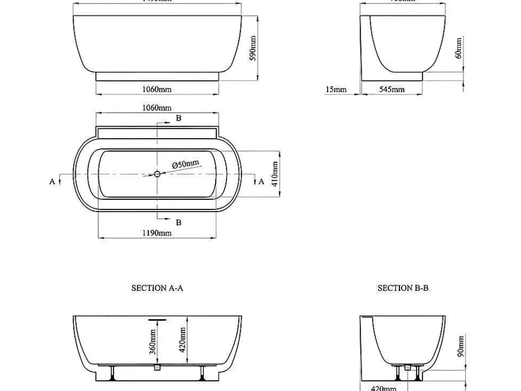 Ovaal Halfvrijstaand Bad - 240 L - 150 X 76 X 58 Cm - Wit - Acryl - Vogler-Shower & Design New