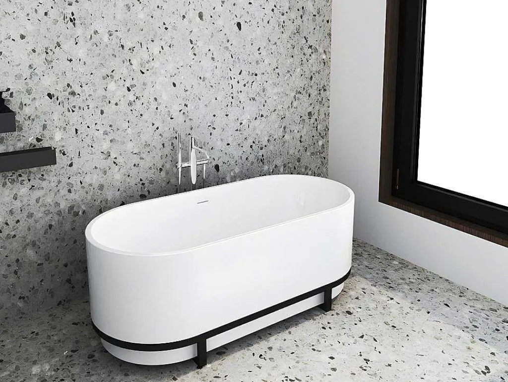 Ovaal Vrijstaand Bad Met Metalen Decoratie - 230 L - 160 X 75 X 60 Cm - Wit - Acryl - Pleco-Shower & Design Sale