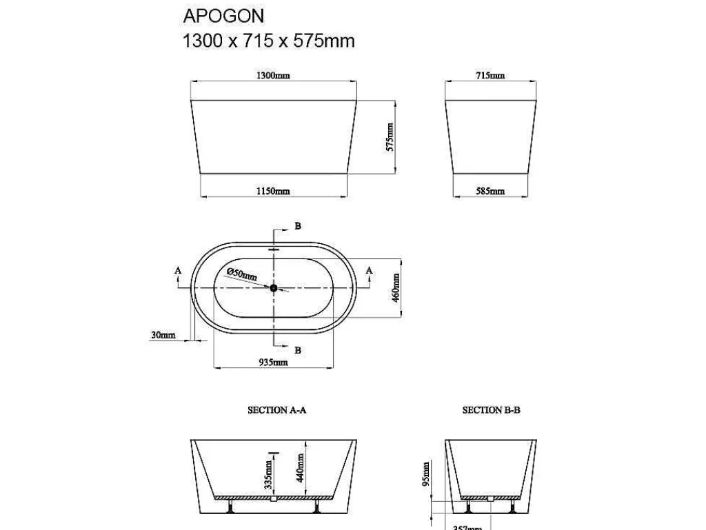 Ovalen Losstaand Bad - 180 L - 130 X 71 X 58 Cm - Wit - Acryl - Apogon-Shower & Design New